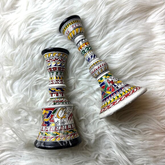 Vintage Hand Painted 2PCS Ceramic Candle Holders Artsy Artisan Tribal Boho - Picture 11 of 11